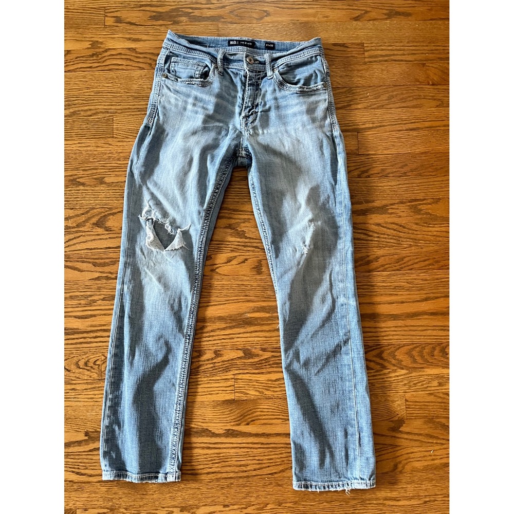 BKE Jake Straight Distressed Light Wash Denim Jeans Mens 31x32 Blowout Knee